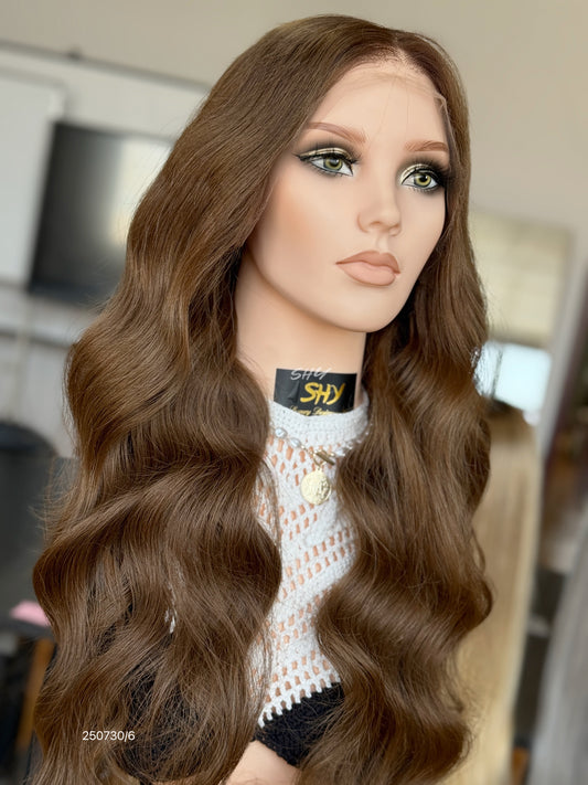 Chocolate Brown Middle-Part Long Wavy Human Hair Lace Front Glueless Medical Wig, product view 2 — alternate view