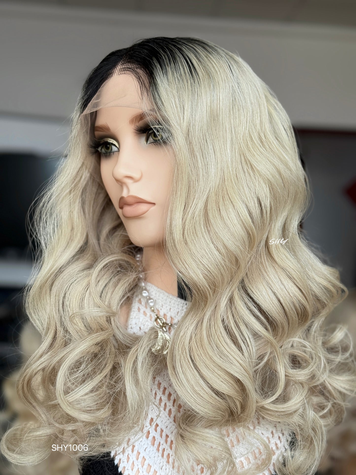 Black Root Blonde Middle-Part Loose Wave Human Hair Lace Front Glueless Medical Wig, product view 2