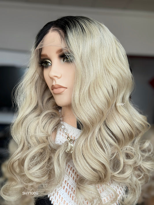 Black Root Blonde Middle-Part Loose Wave Human Hair Lace Front Glueless Medical Wig, product view 2 — alternate view