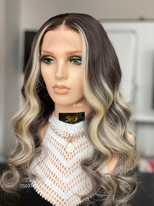 Ash Brown Blonde Highlighted Middle-Part Body Wave Human Hair Lace Front Glueless Medical Wig, product view 2 — alternate view