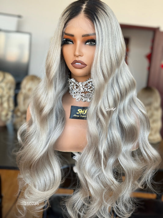 Silver Ash Blonde Middle-Part Body Wave Human Hair Lace Front Glueless Medical Wig, product view 2 — alternate view