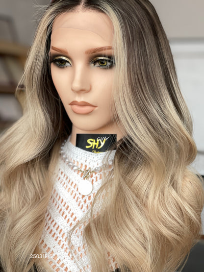 Dark Root Blonde Ombre Middle-Part Body Wave Human Hair Lace Front Glueless Medical Wig, product view 2