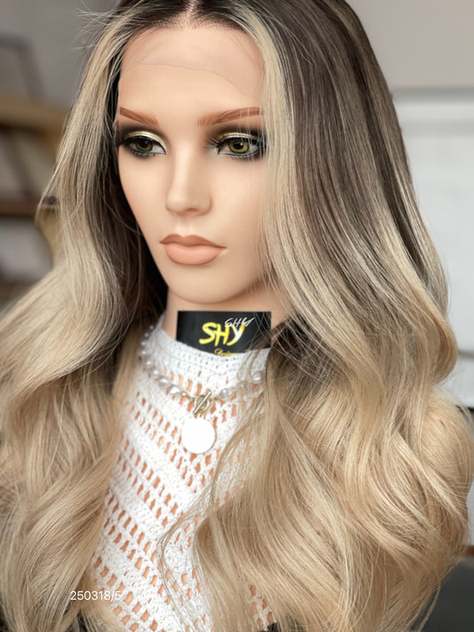 Dark Root Blonde Ombre Middle-Part Body Wave Human Hair Lace Front Glueless Medical Wig, product view 2 — alternate view