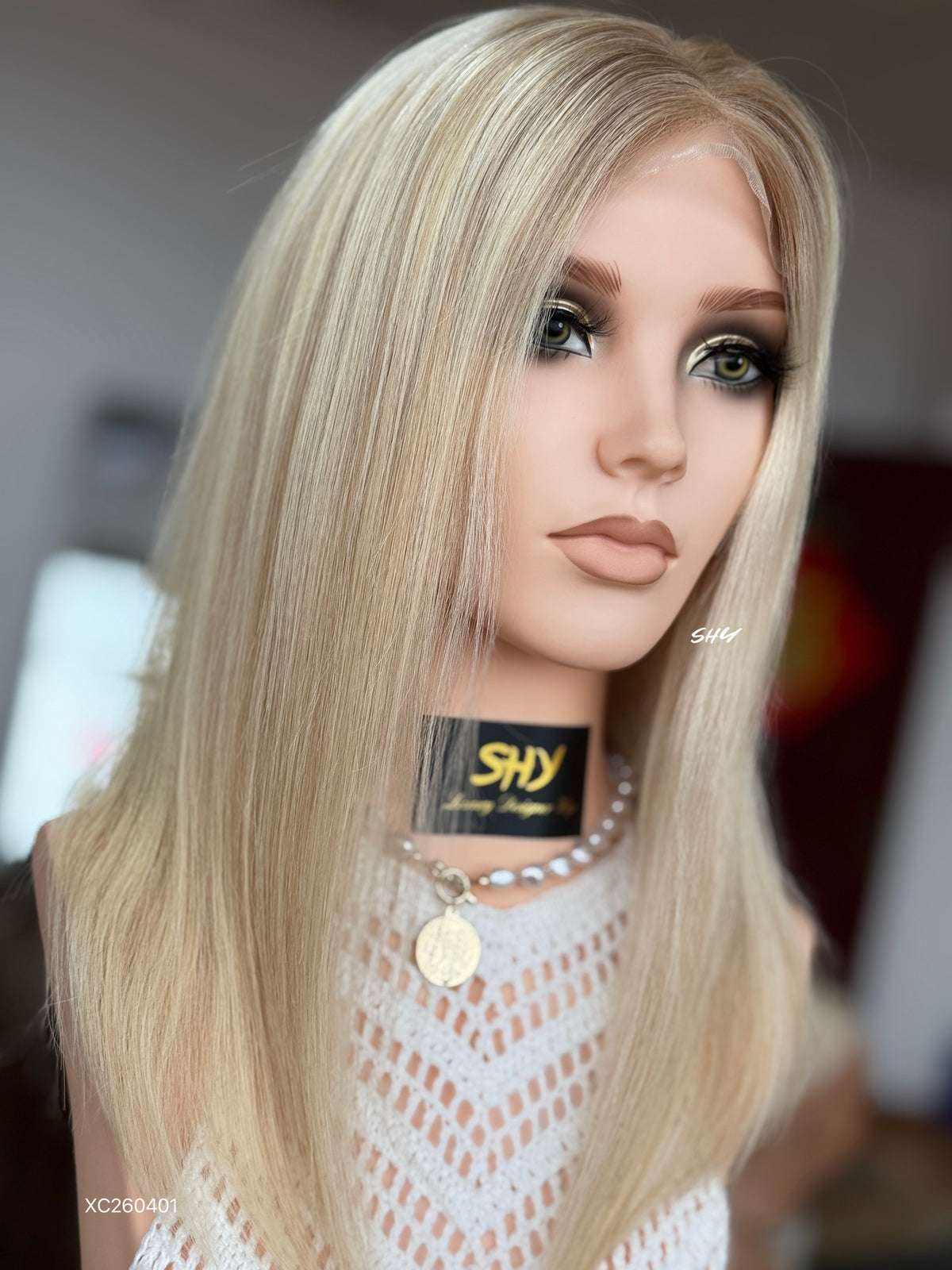 Light Blonde Side-Part Shoulder-Length Straight Human Hair Lace Front Glueless Medical Wig, product view 2