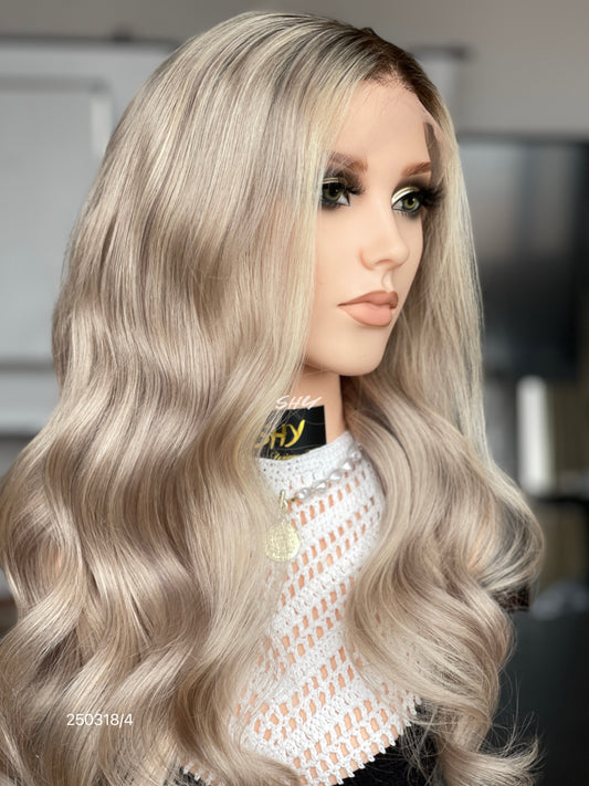 Beige Ash Blonde Middle-Part Body Wave Human Hair Lace Front Glueless Medical Wig, product view 2 — alternate view