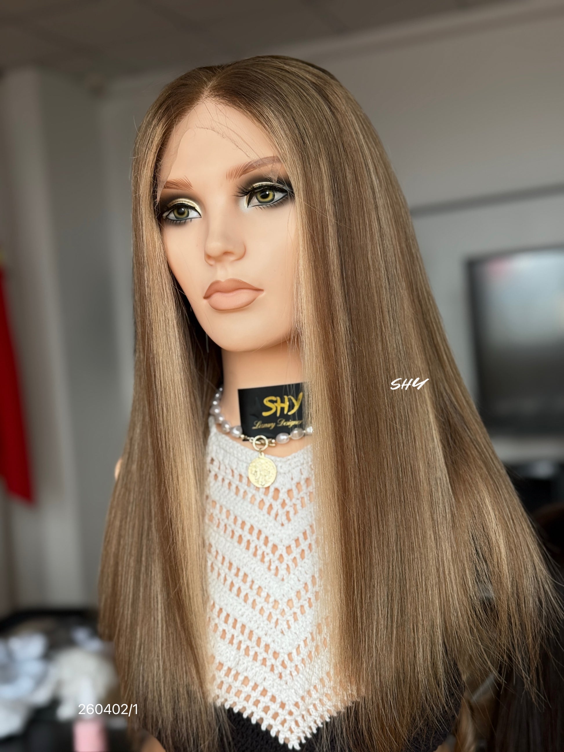 Taupe Ash Brown Highlighted Middle-Part Long Straight Human Hair Lace Front Glueless Medical Wig, product view 2