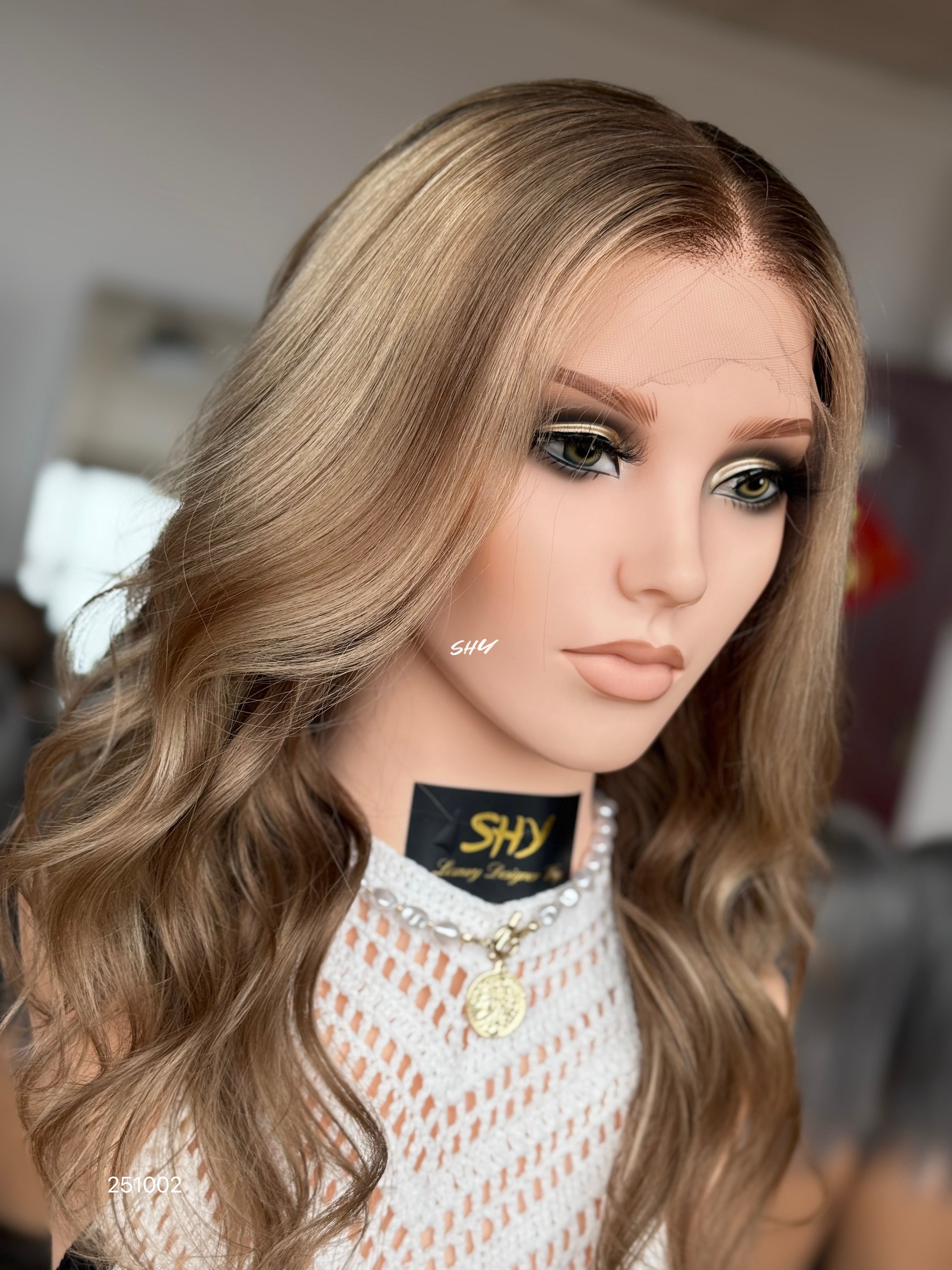 Light Brown Highlighted Middle-Part Long Wavy Human Hair Lace Front Glueless Medical Wig, product view 2