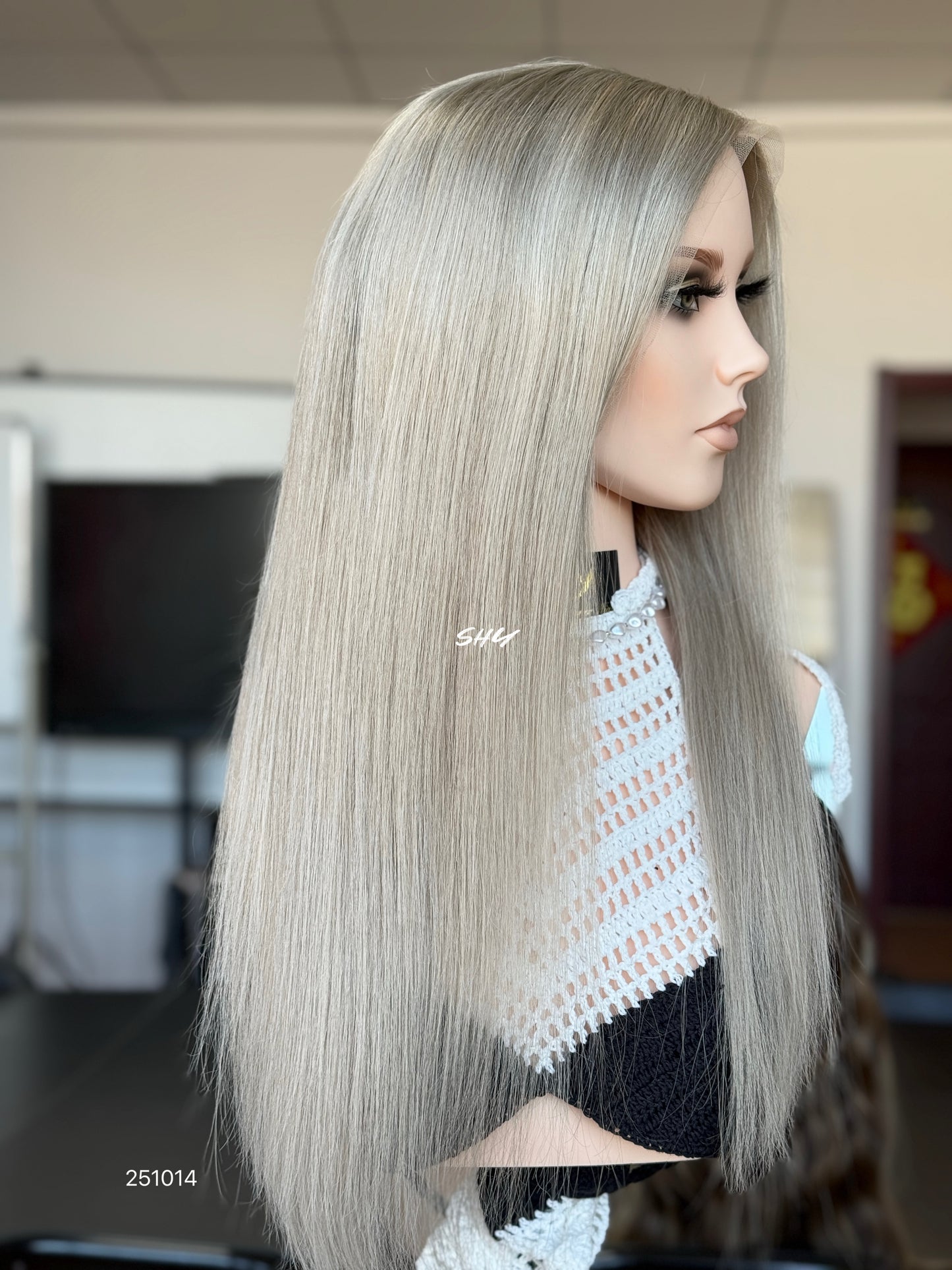 Silver Blonde Middle-Part Long Straight Human Hair Lace Front Glueless Medical Wig, product view 2