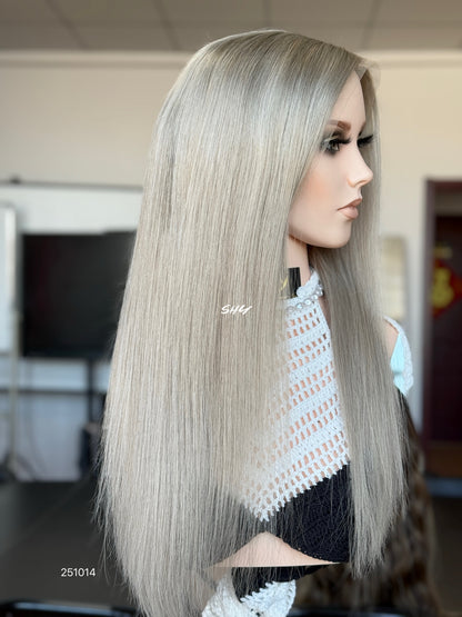 Silver Blonde Middle-Part Long Straight Human Hair Lace Front Glueless Medical Wig, product view 2