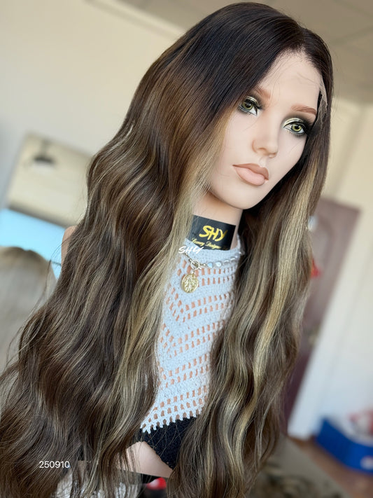 Dark Brown Highlighted Middle-Part Long Wavy Human Hair Lace Front Glueless Medical Wig, product view 2 — alternate view