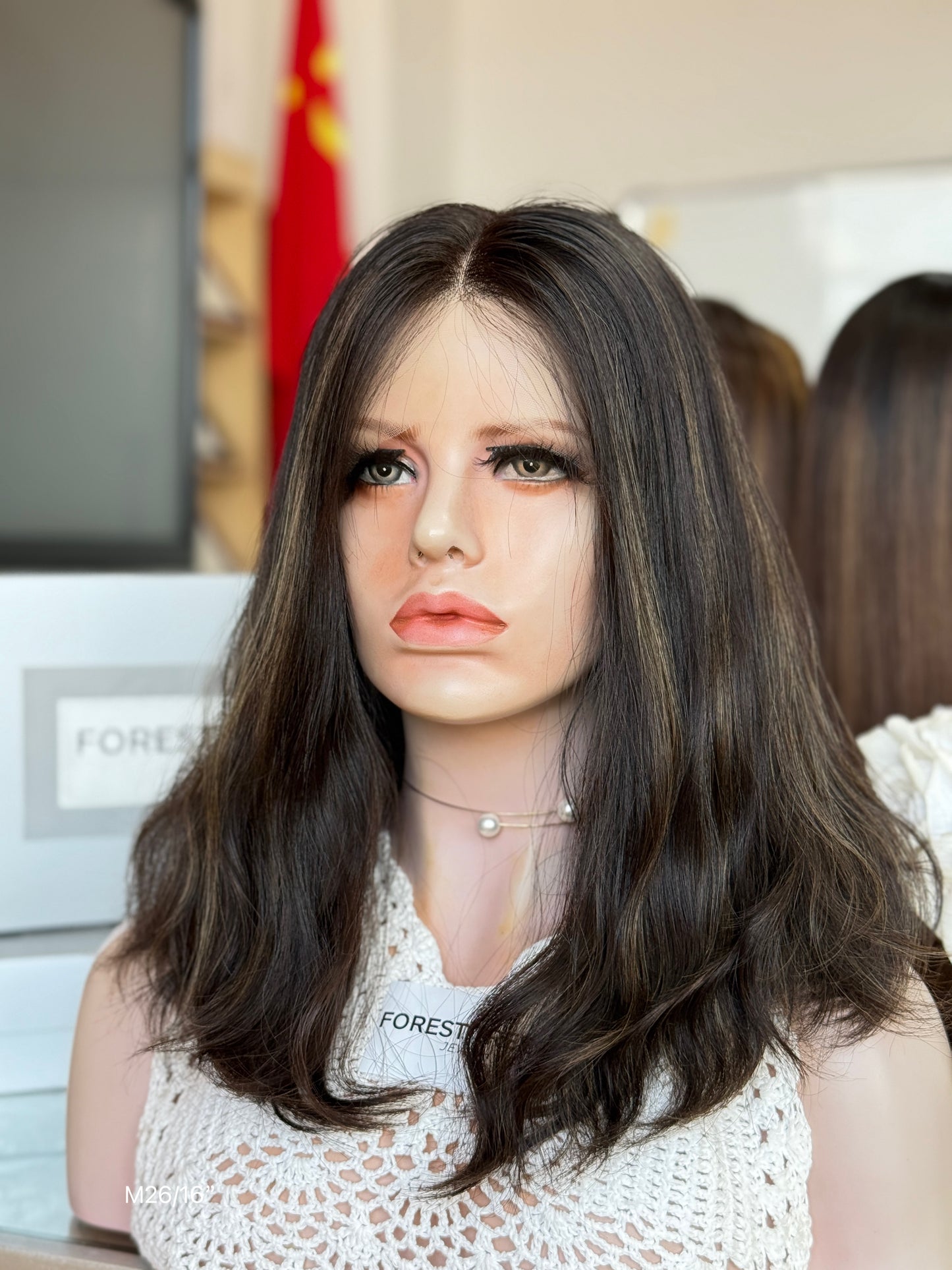 Dark Ash Brown Middle-Part Shoulder-Length Wavy Human Hair Sheitel Wig, product view 2