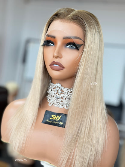 Champagne Blonde Middle-Part Long Straight Human Hair Lace Front Glueless Medical Wig, product view 2