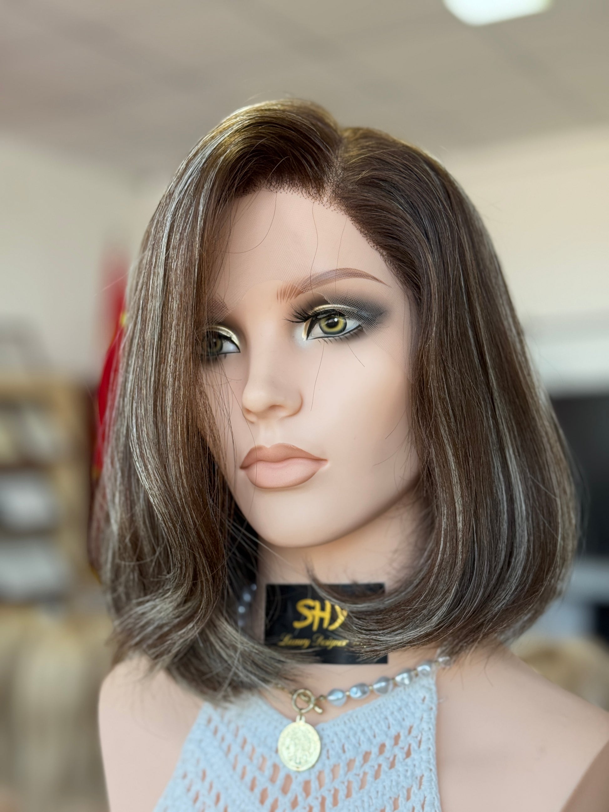Highlighted Ash Brown Side-Part Short Bob Human Hair Sheitel Wig, product view 2