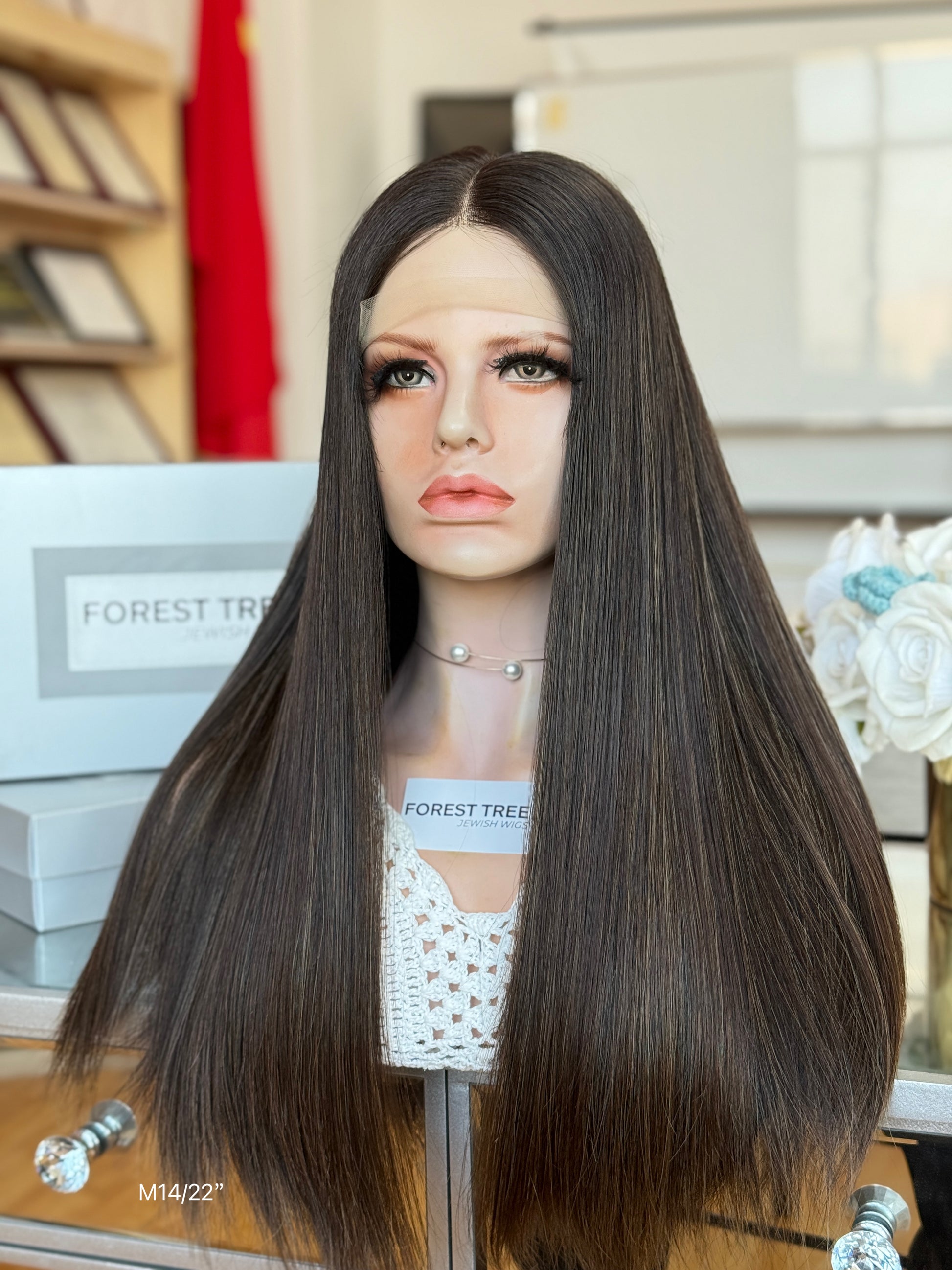 Dark Espresso Brown Middle-Part Long Straight Human Hair Sheitel Wig, product view 2