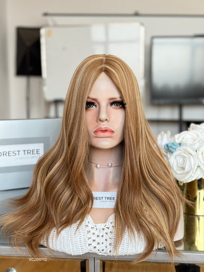 Honey Blonde Middle-Part Long Wavy Human Hair Sheitel Wig, product view 2