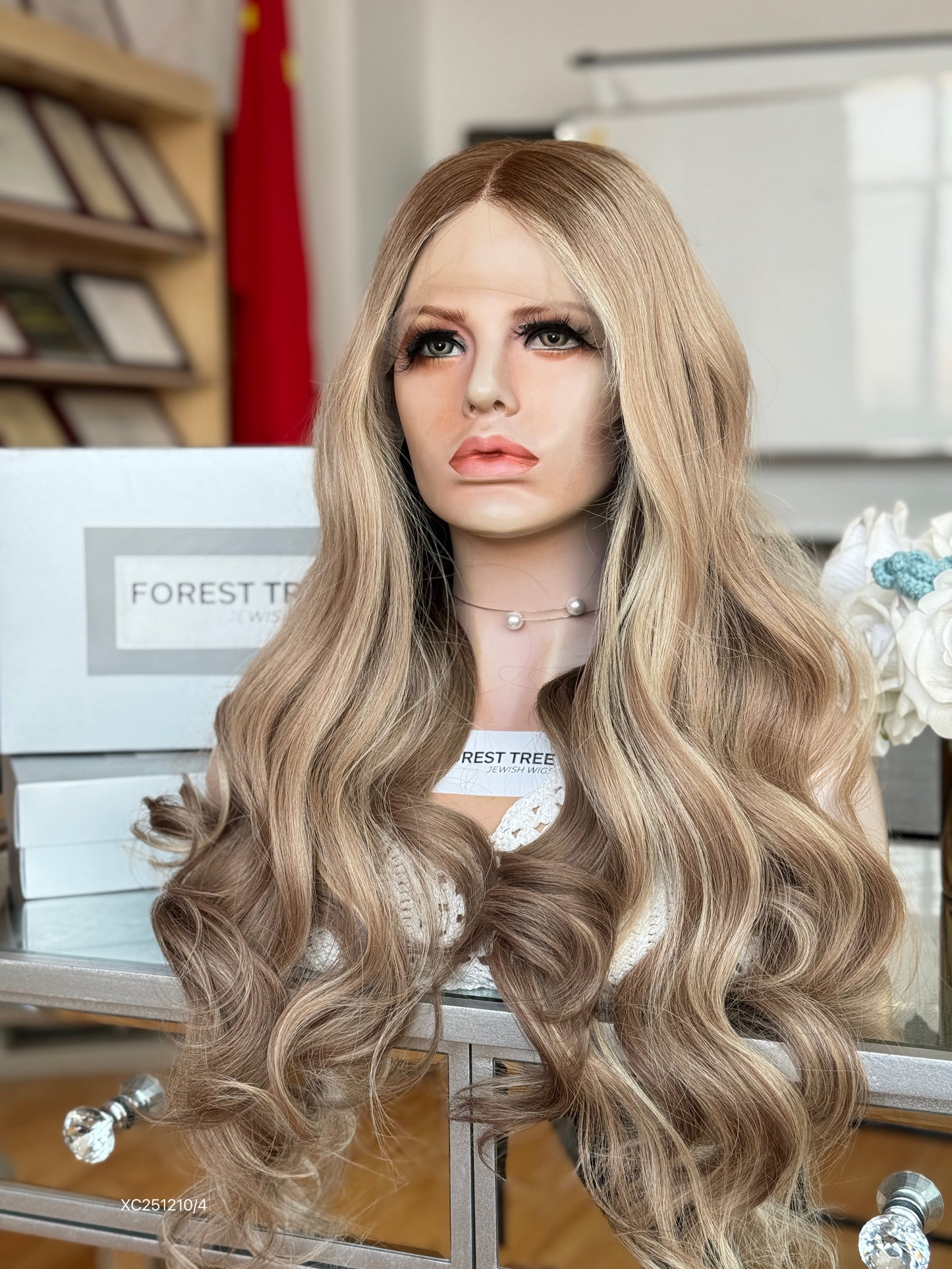 Beige Blonde Middle-Part Long Wavy Human Hair Sheitel Wig, product view 2