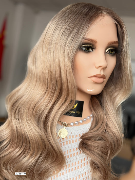 Ash Beige Blonde Middle-Part Long Wavy Human Hair Lace Front Glueless Medical Wig, product view 2 — alternate view