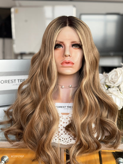Dark Root Honey Blonde Middle-Part Long Wavy Human Hair Sheitel Wig, product view 2