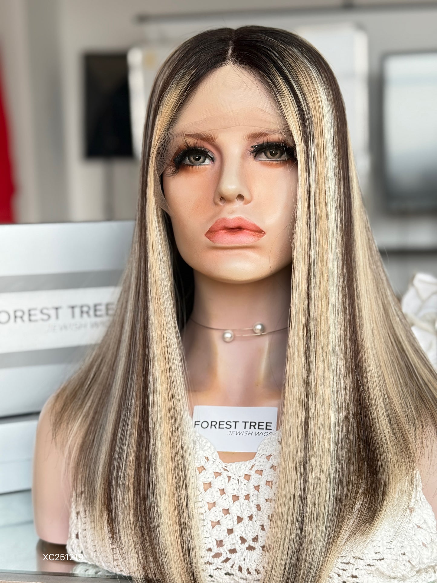Dark Root Highlighted Blonde Middle-Part Long Straight Human Hair Sheitel Wig, product view 2