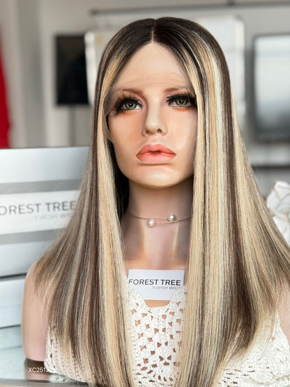 Dark Root Highlighted Blonde Middle-Part Long Straight Human Hair Sheitel Wig, product view 2