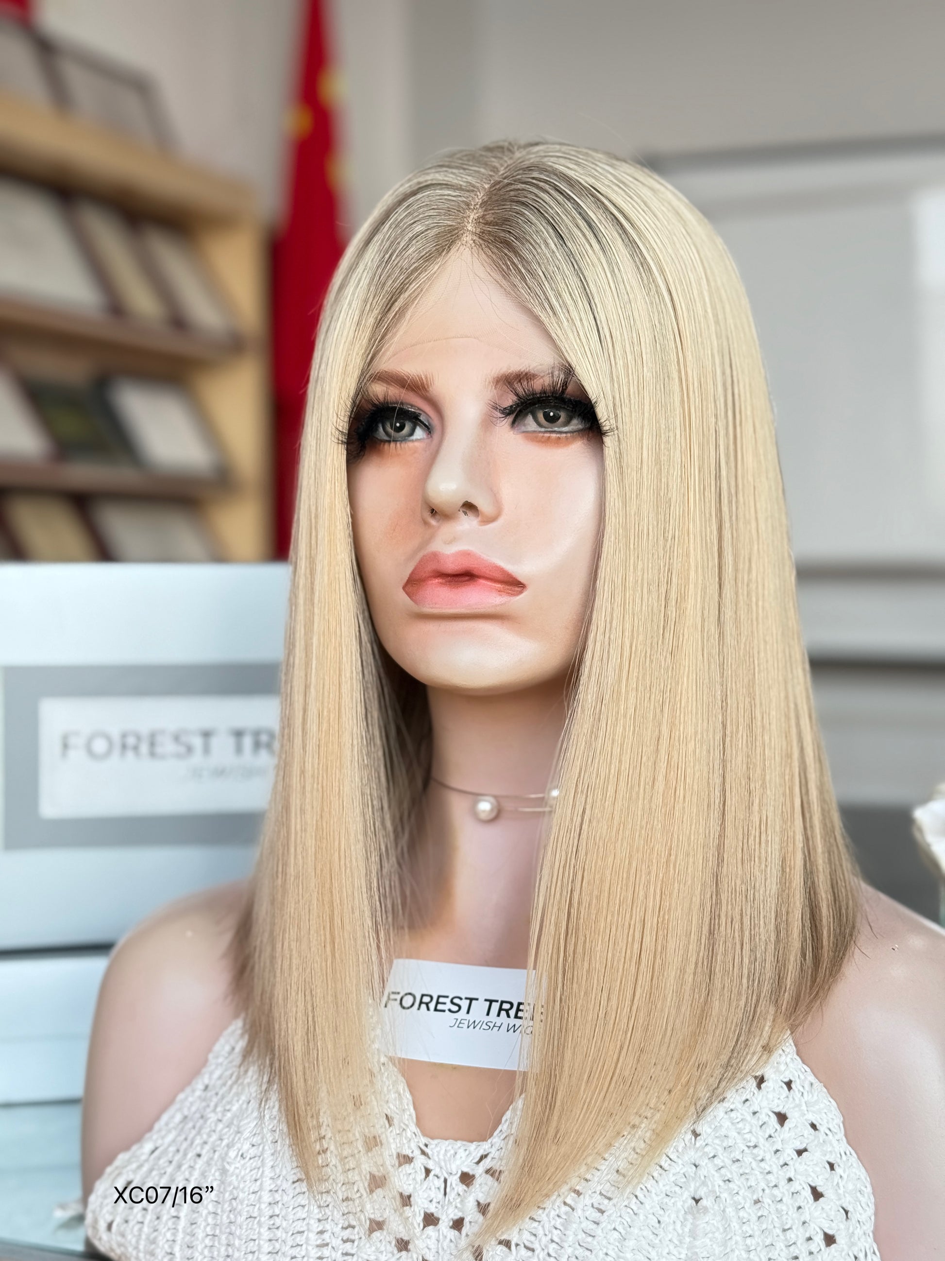 Light Blonde Middle-Part Shoulder-Length Straight Human Hair Sheitel Wig, product view 2