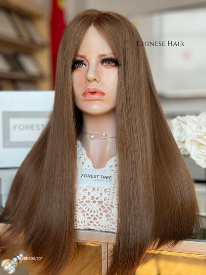 Light Walnut Brown Middle-Part Long Straight Human Hair Sheitel Wig, product view 2