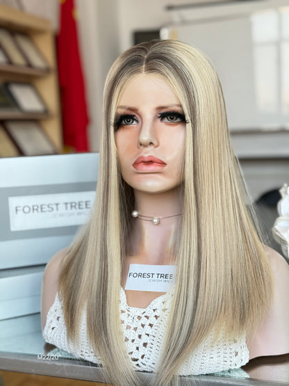 Cream Highlighted Blonde Middle-Part Long Straight Human Hair Sheitel Wig, product view 2