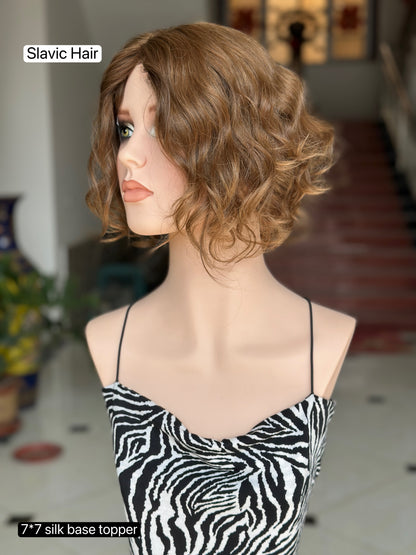 Light Ash Brown Short Curly Bob Human Hair Sheitel Wig, product view 2