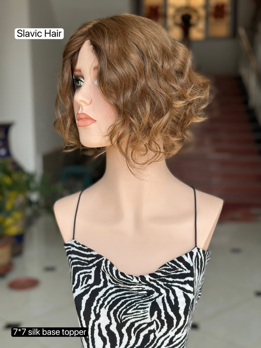 Light Ash Brown Short Curly Bob Human Hair Sheitel Wig, product view 2 — alternate view