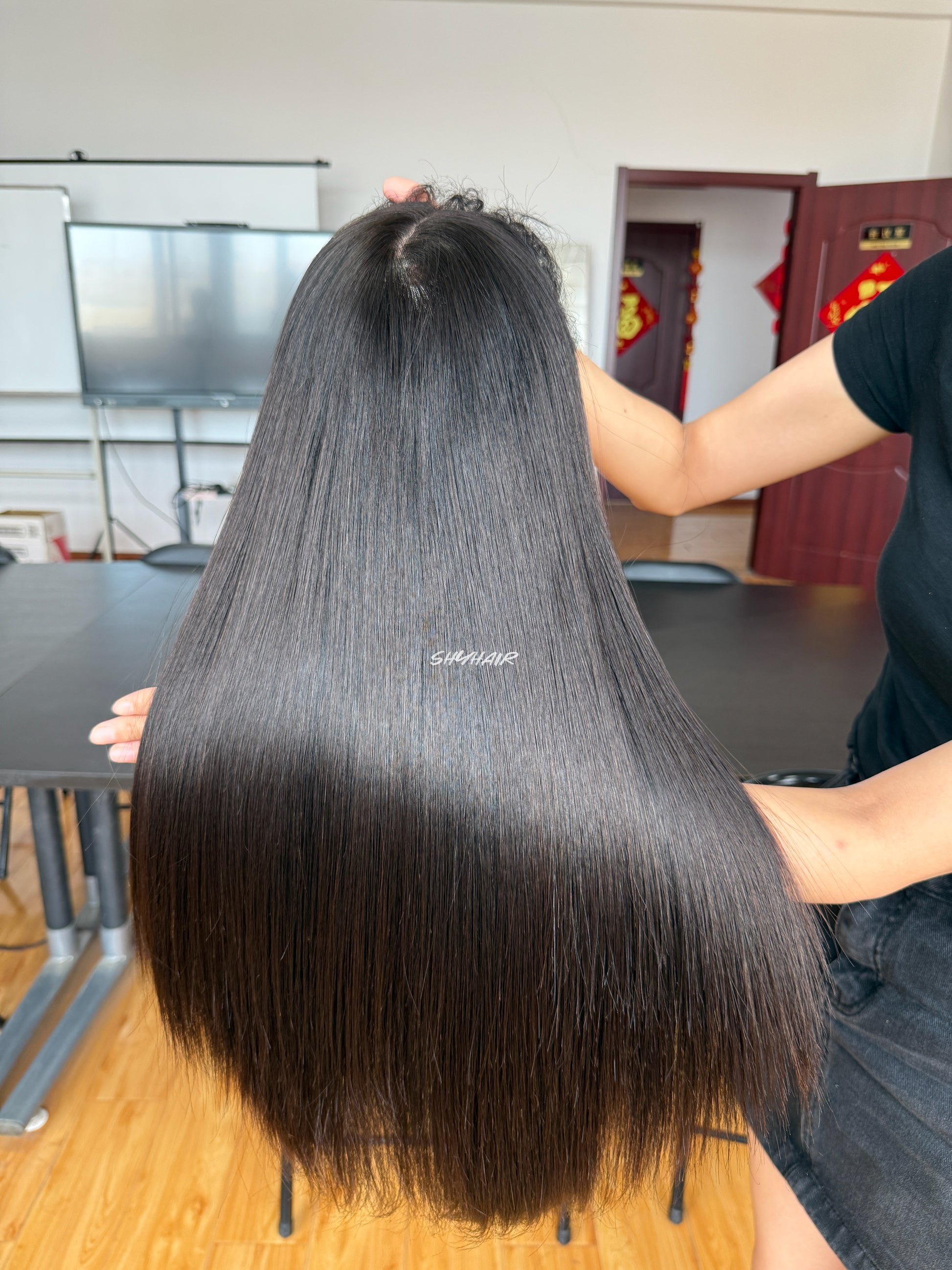 Natural Black Middle-Part Straight Human Hair Topper Mini Wig, product view 3