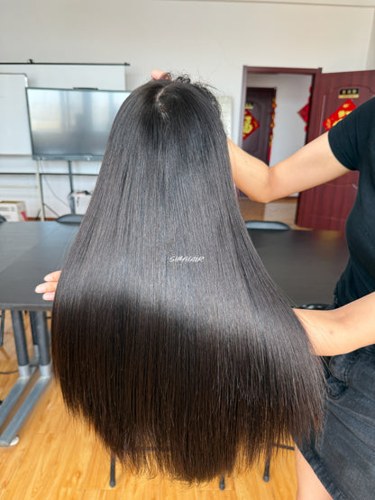 Natural Black Middle-Part Straight Human Hair Topper Mini Wig, product view 3