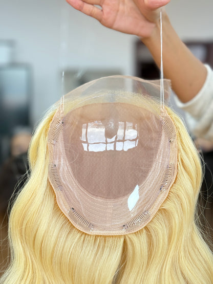 Light Blonde Long Wavy Human Hair Topper Mini Wig, product view 3
