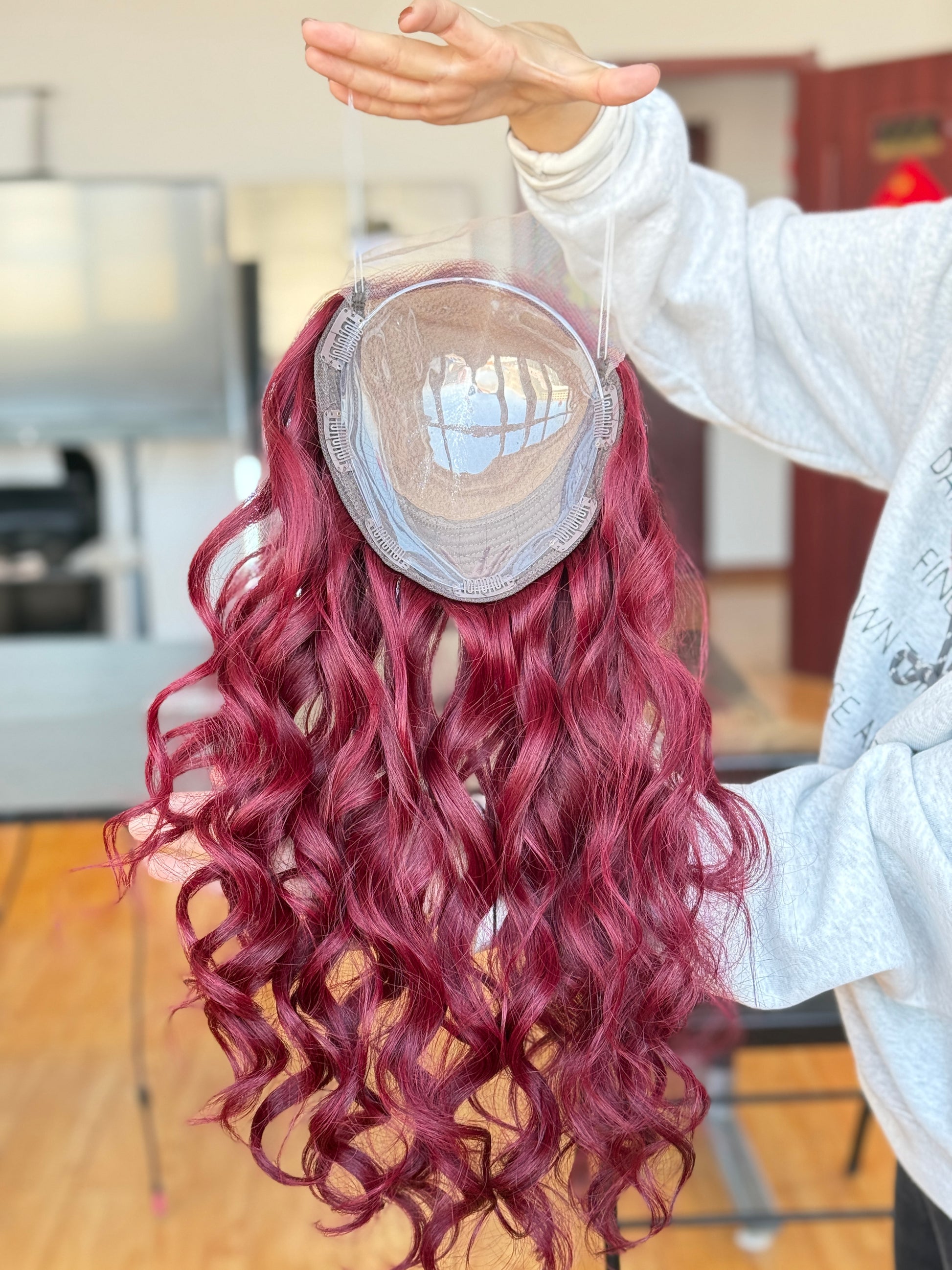 Burgundy Red Long Wavy Human Hair Topper Mini Wig, product view 3