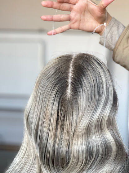 Light Blonde Dark-Root Long Wavy Human Hair Topper Mini Wig, product view 2