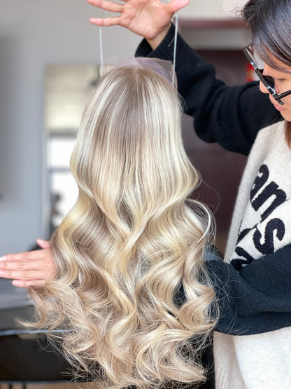 Ash Blonde Center-Part Long Wavy Human Hair Topper Mini Wig, product view 3