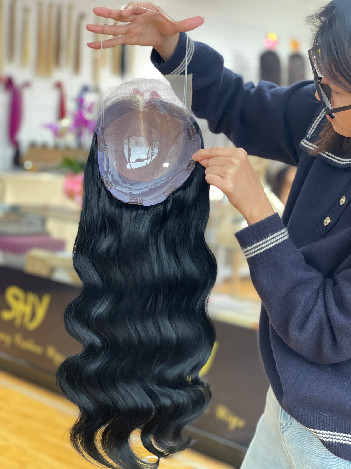 Natural Brown Center-Part Long Wavy Human Hair Topper Mini Wig, product view 3
