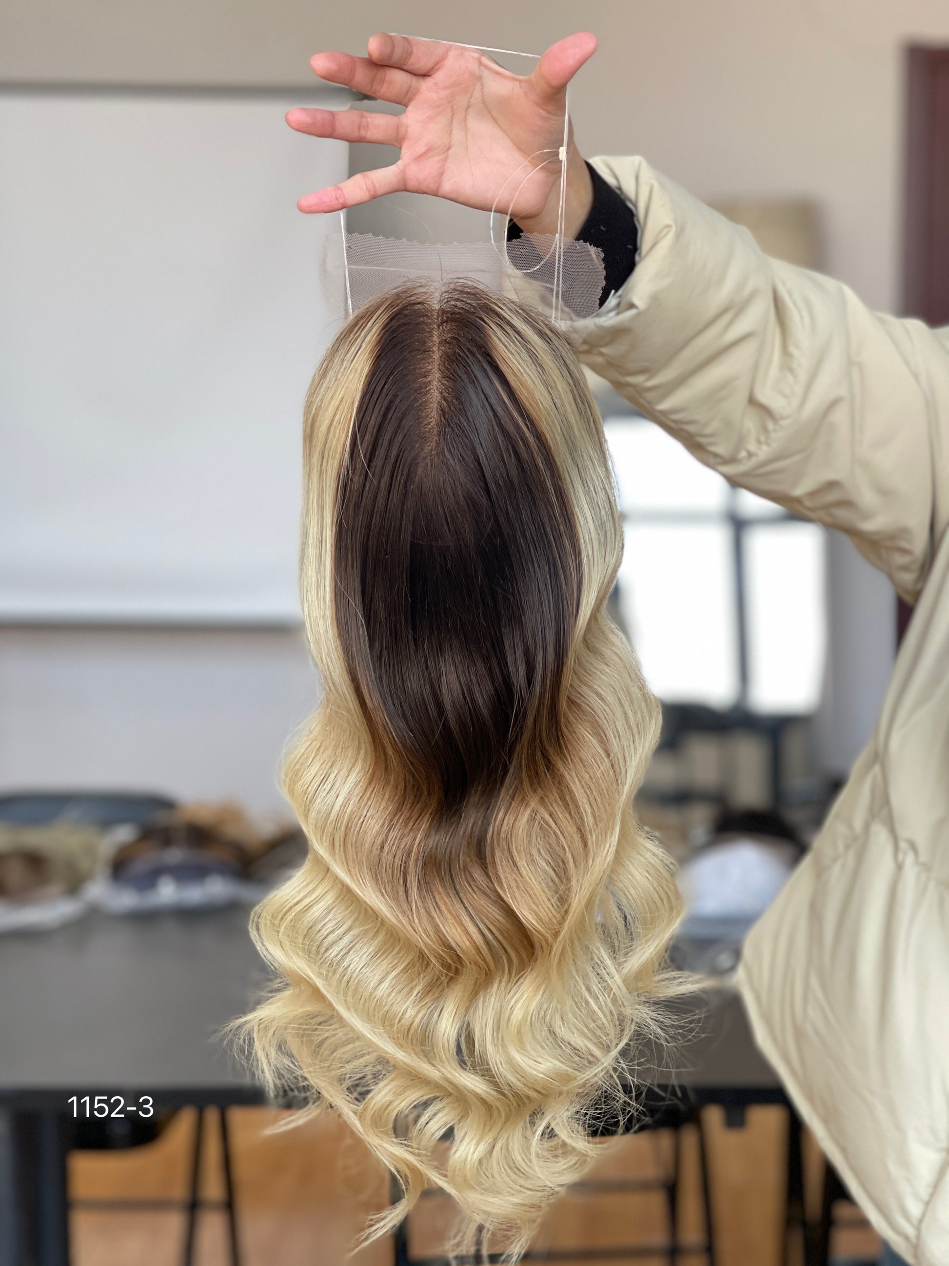 Chocolate Brown Dark-Root Blonde Highlighted Long Wavy Human Hair Topper Mini Wig, product view 1