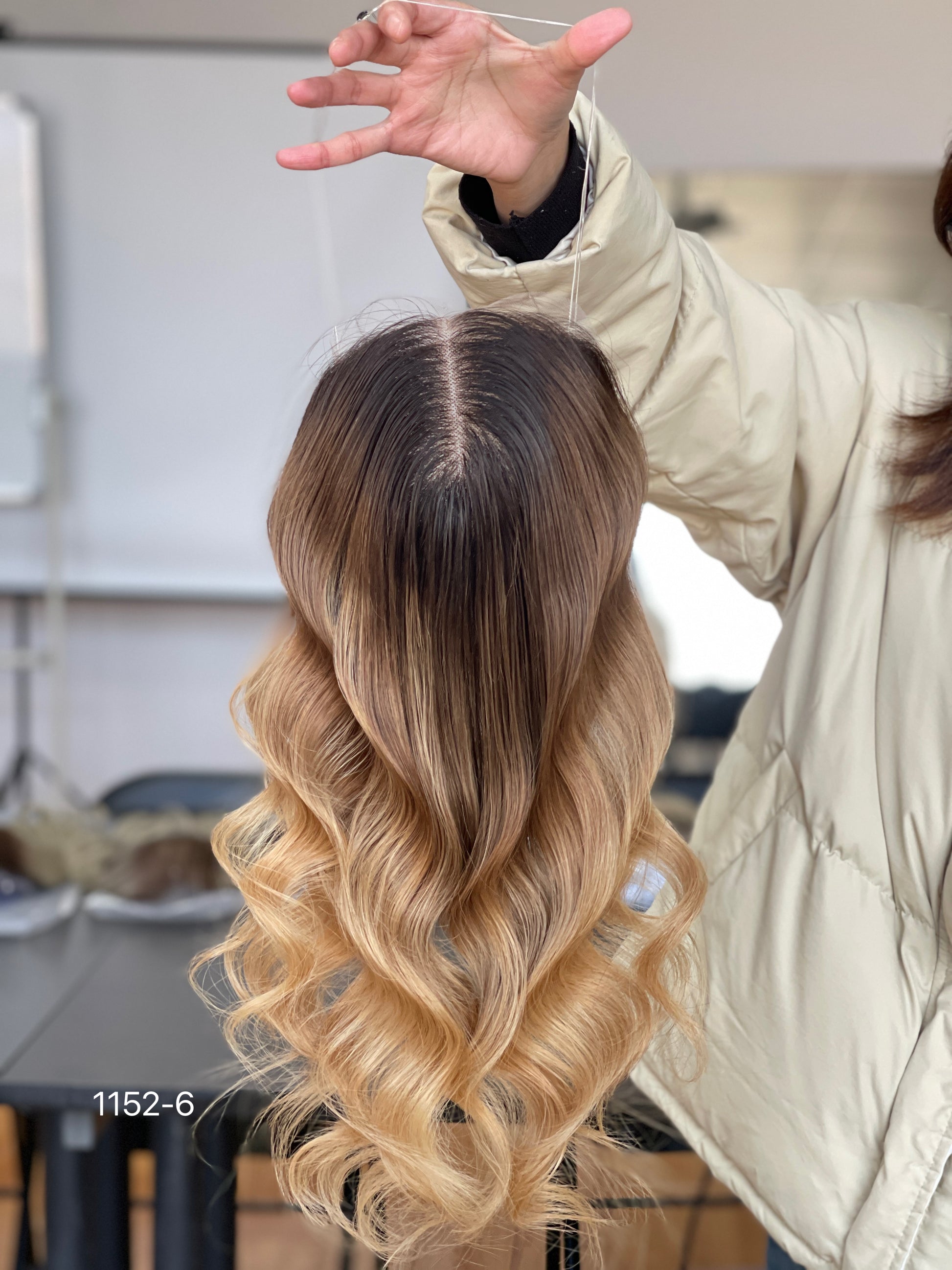 Chocolate Brown Dark-Root Caramel Highlighted Long Wavy Human Hair Topper Mini Wig, product view 1