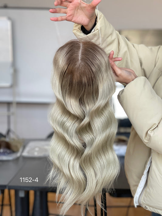 Ash Brown Dark-Root Long Wavy Human Hair Topper Mini Wig, product view 1