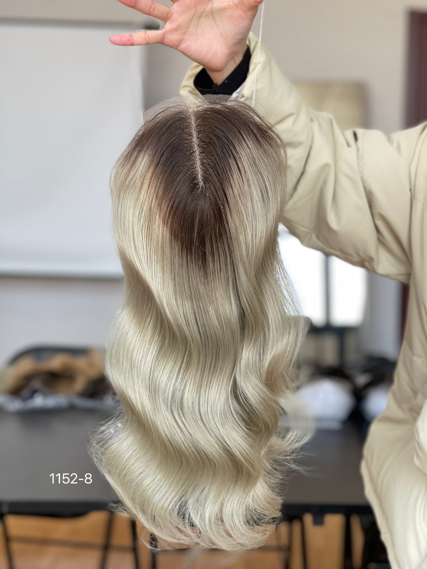 Chocolate Brown Dark-Root Blonde Highlighted Long Wavy Human Hair Topper Mini Wig, product view 1