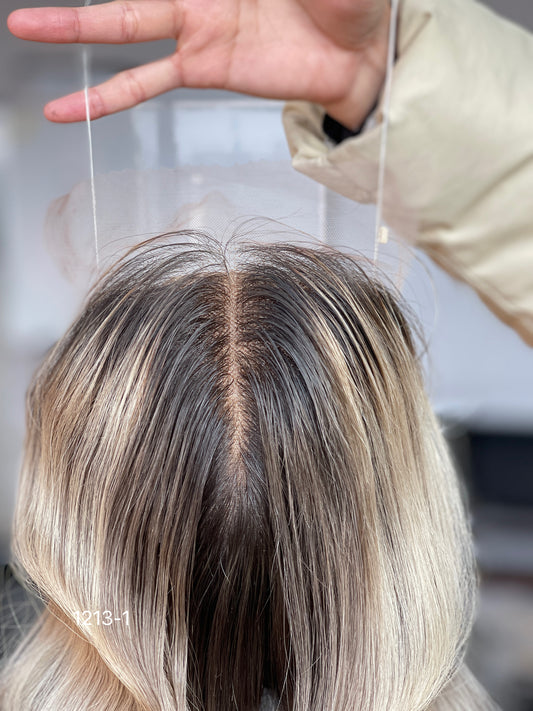 Ash Brown Dark-Root Blonde Highlighted Long Wavy Human Hair Topper Mini Wig, product view 2 — alternate view