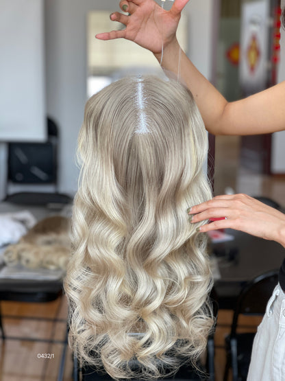 Ash Brown Dark-Root Blonde Highlighted Long Wavy Human Hair Topper Mini Wig, product view 1