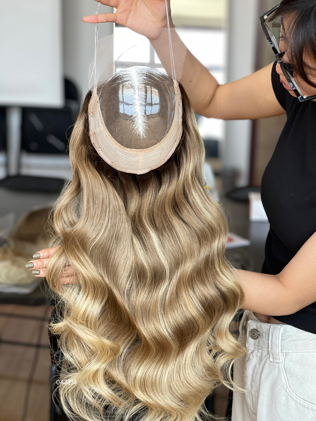 Chocolate Brown Dark-Root Long Wavy Human Hair Topper Mini Wig, product view 1