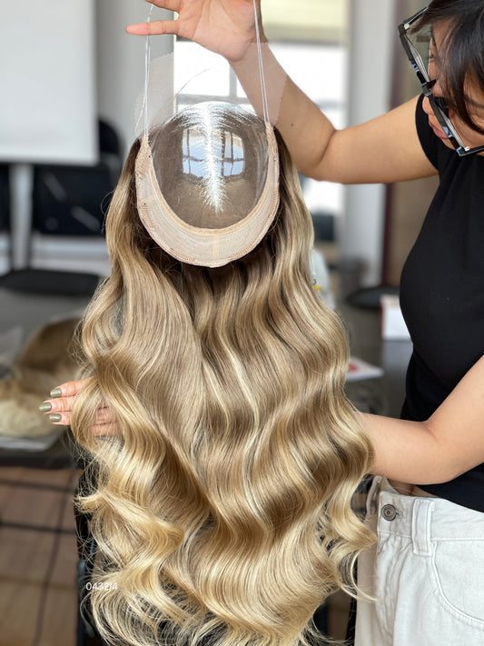 Chocolate Brown Dark-Root Long Wavy Human Hair Topper Mini Wig, product view 1