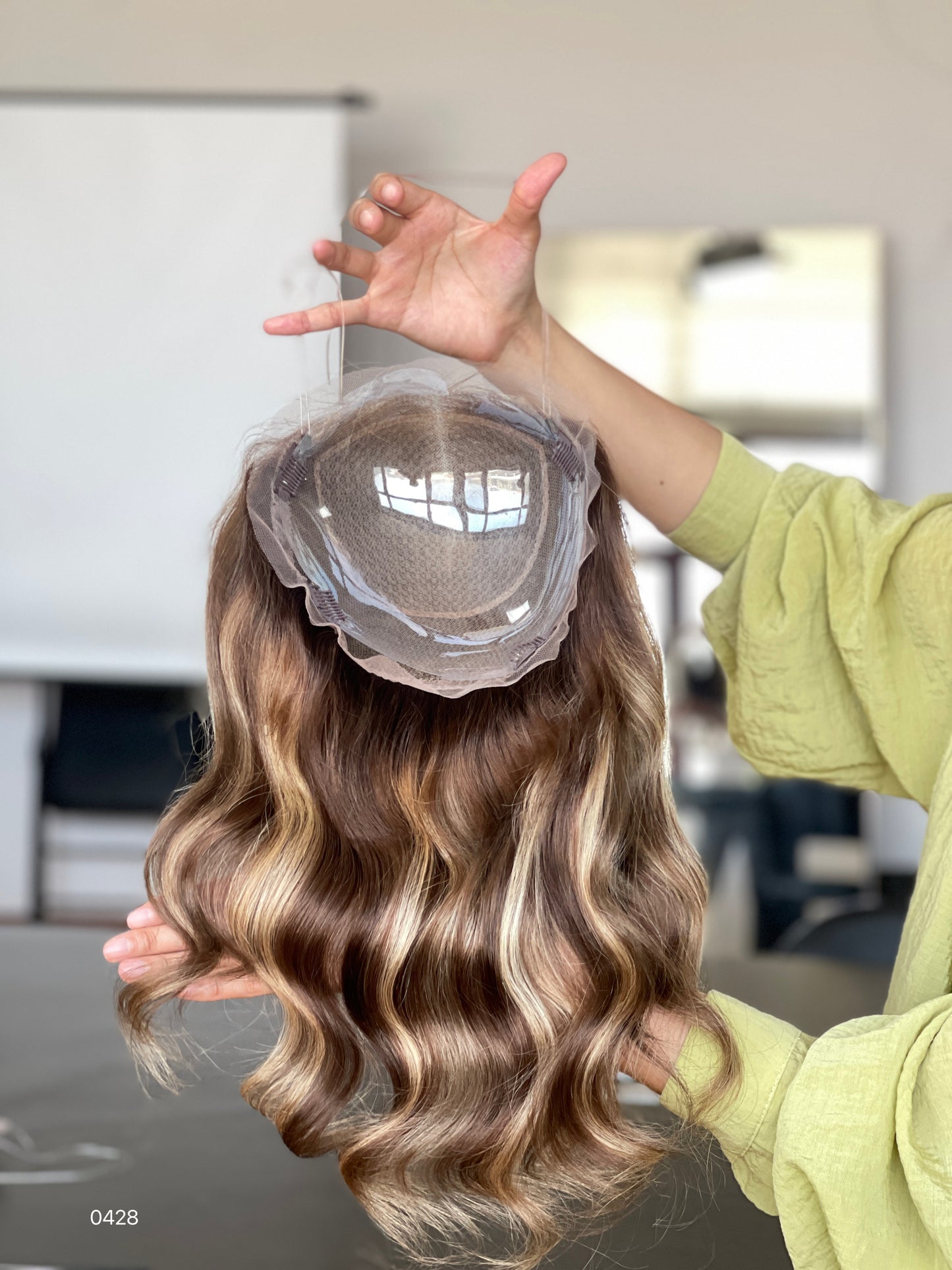 Chocolate Brown Dark-Root Long Wavy Human Hair Topper Mini Wig, product view 2