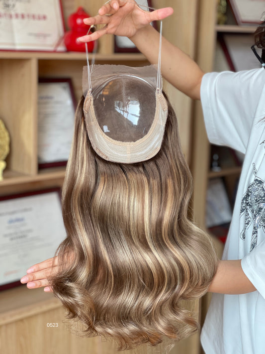 Warm Brown Dark-Root Long Wavy Human Hair Topper Mini Wig, product view 2 — alternate view