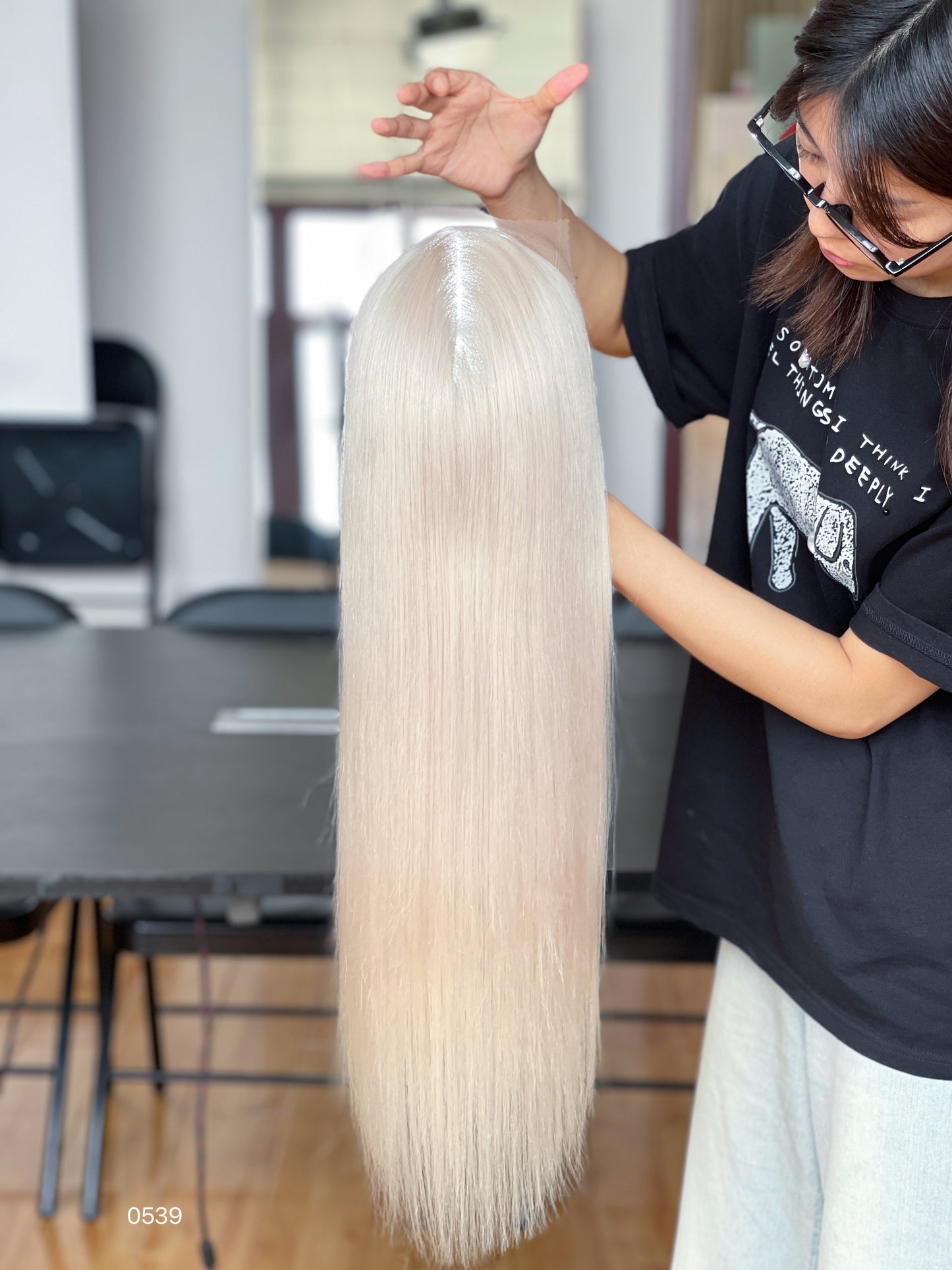 Ash Blonde Center-Part Long Straight Human Hair Topper Mini Wig, product view 1