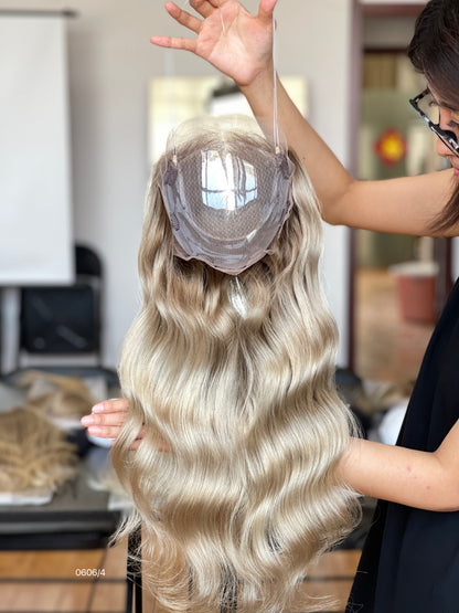 Ash Blonde Dark-Root Long Wavy Human Hair Topper Mini Wig, product view 3