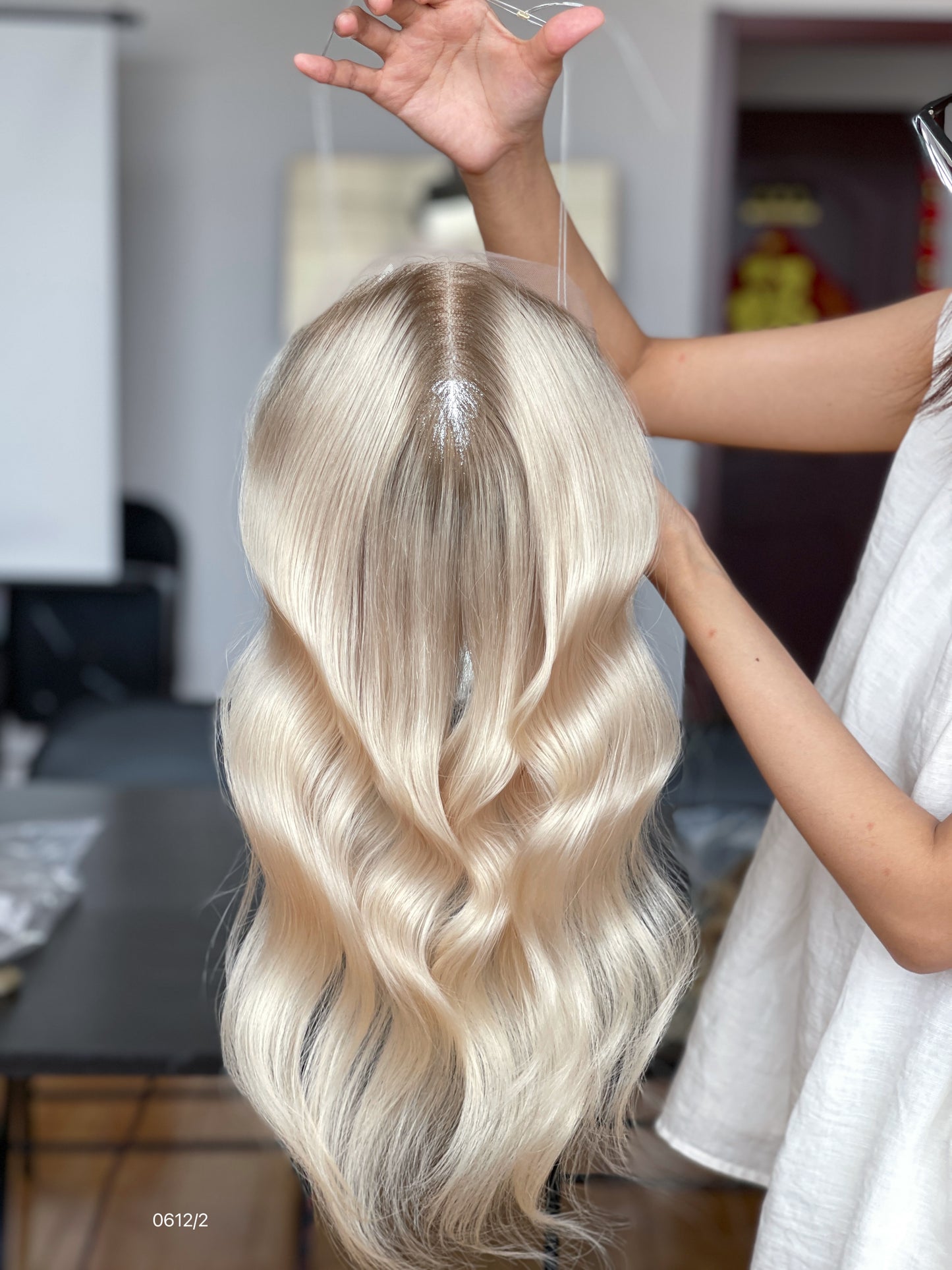 Light Blonde Dark-Root Center-Part Long Wavy Human Hair Topper Mini Wig, product view 1