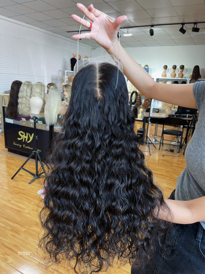 Ash Brown Center-Part Long Curly Human Hair Topper Mini Wig, product view 2